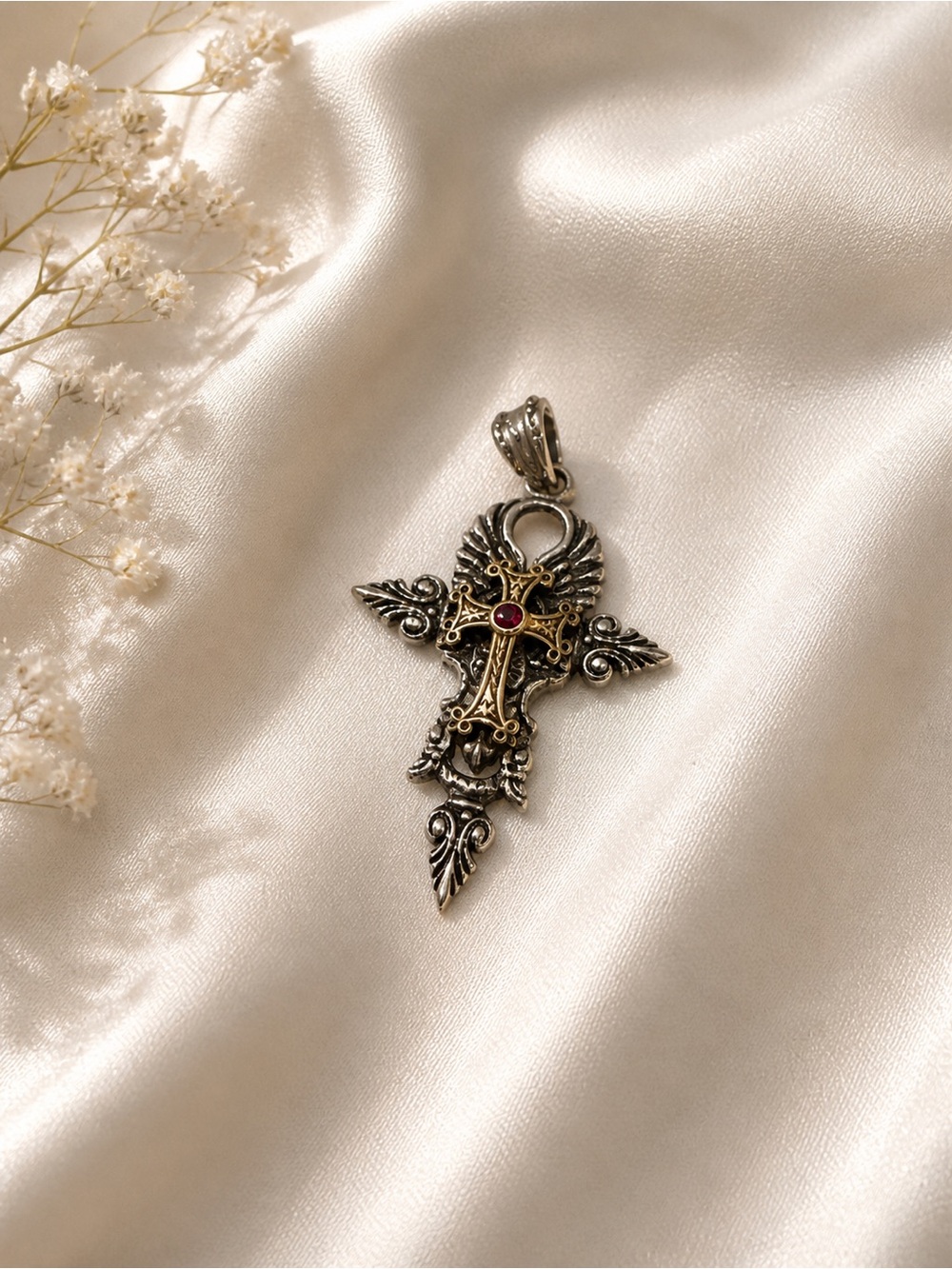 Two-Tone silverOrnate Cross Pendant with Red Accent - Women Accessories